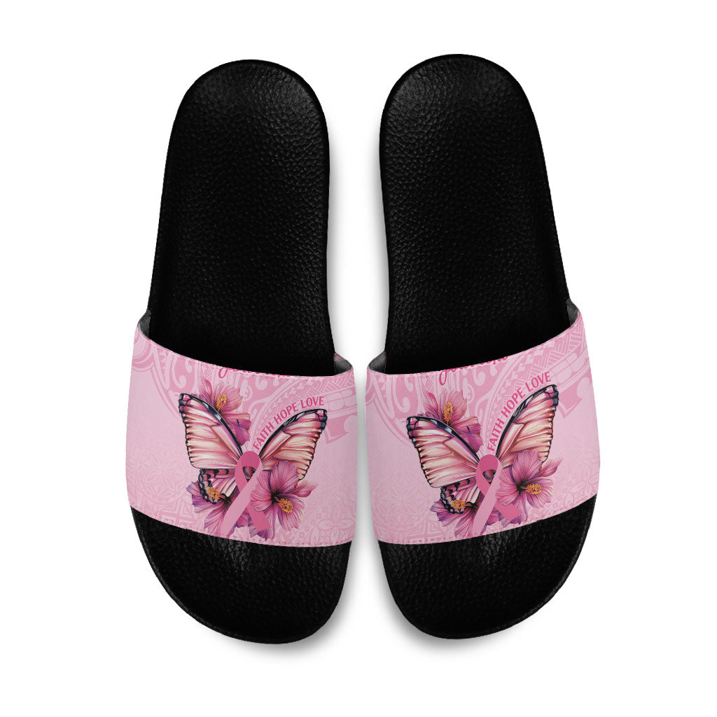 Faith Hope Love Butterfly Pink Ribbon Personalised Slide Sandals Polynesian Tribal Pattern