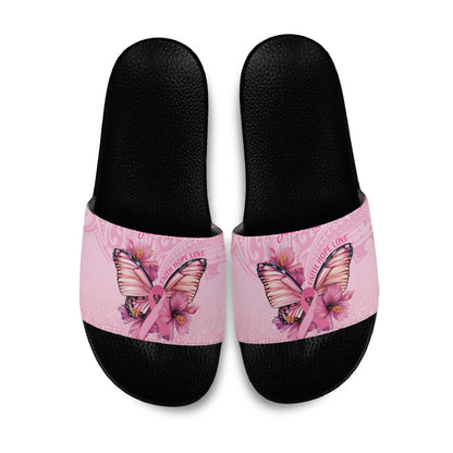 Faith Hope Love Butterfly Pink Ribbon Personalised Slide Sandals Polynesian Tribal Pattern