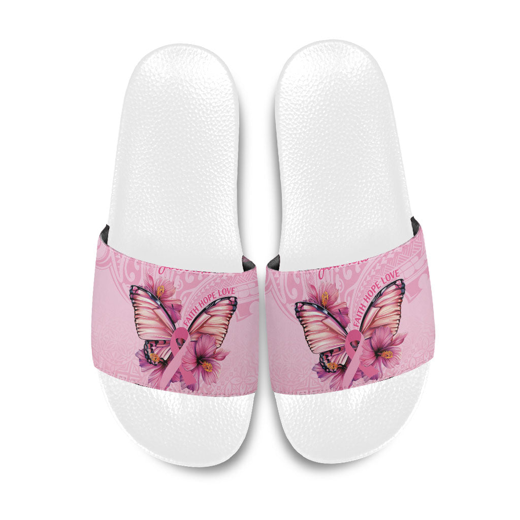 Faith Hope Love Butterfly Pink Ribbon Personalised Slide Sandals Polynesian Tribal Pattern