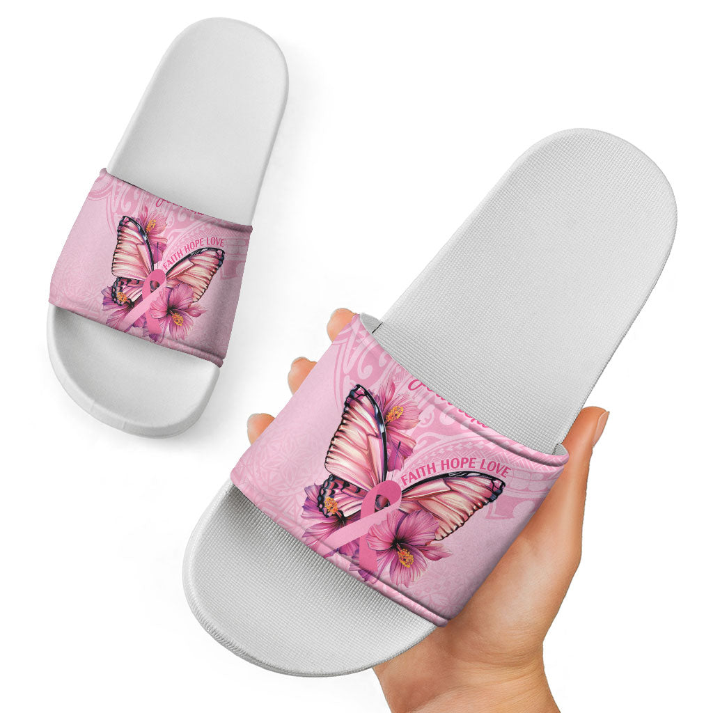 Faith Hope Love Butterfly Pink Ribbon Personalised Slide Sandals Polynesian Tribal Pattern
