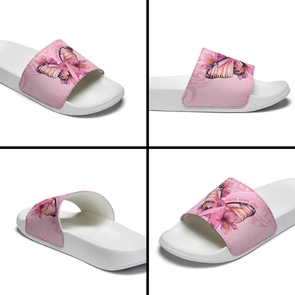 Faith Hope Love Butterfly Pink Ribbon Personalised Slide Sandals Polynesian Tribal Pattern