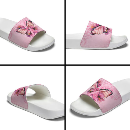 Faith Hope Love Butterfly Pink Ribbon Personalised Slide Sandals Polynesian Tribal Pattern