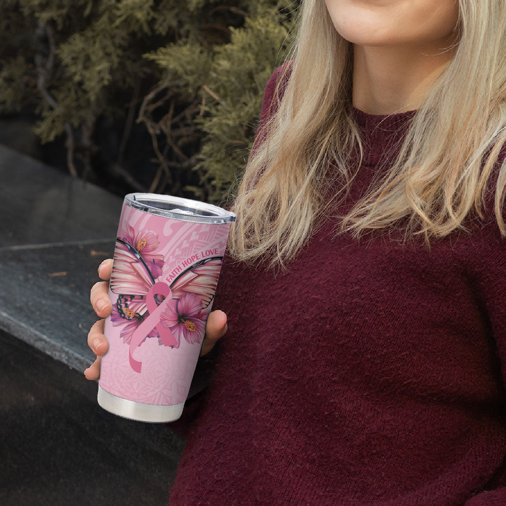 Faith Hope Love Butterfly Pink Ribbon Personalised Tumbler Cup Polynesian Tribal Pattern
