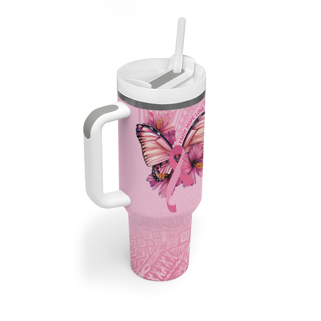 Faith Hope Love Butterfly Pink Ribbon Personalised Tumbler With Handle Polynesian Tribal Pattern