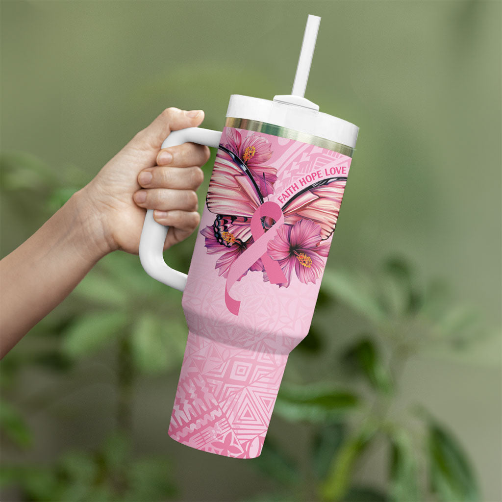 Faith Hope Love Butterfly Pink Ribbon Personalised Tumbler With Handle Polynesian Tribal Pattern