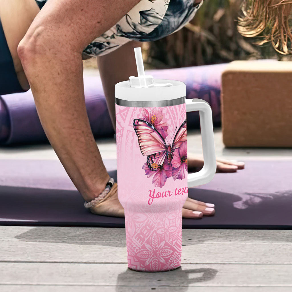 Faith Hope Love Butterfly Pink Ribbon Personalised Tumbler With Handle Polynesian Tribal Pattern