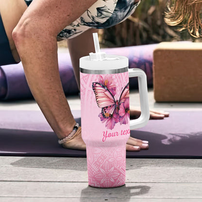 Faith Hope Love Butterfly Pink Ribbon Personalised Tumbler With Handle Polynesian Tribal Pattern