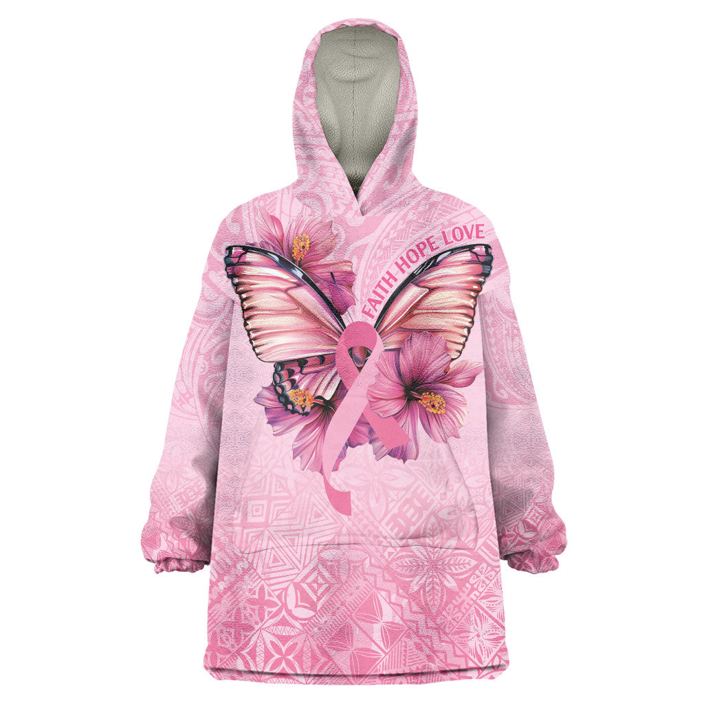 Faith Hope Love Butterfly Pink Ribbon Personalised Wearable Blanket Hoodie Polynesian Tribal Pattern