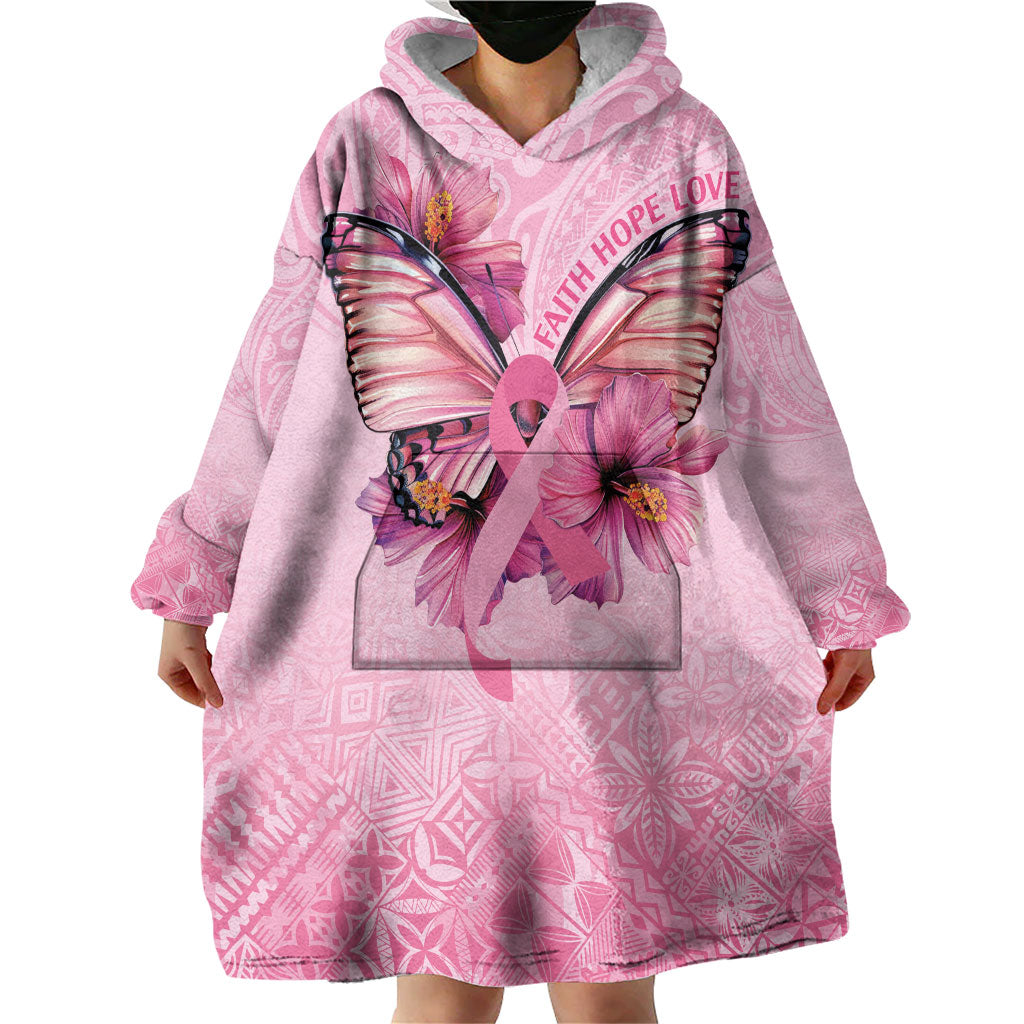 Faith Hope Love Butterfly Pink Ribbon Personalised Wearable Blanket Hoodie Polynesian Tribal Pattern