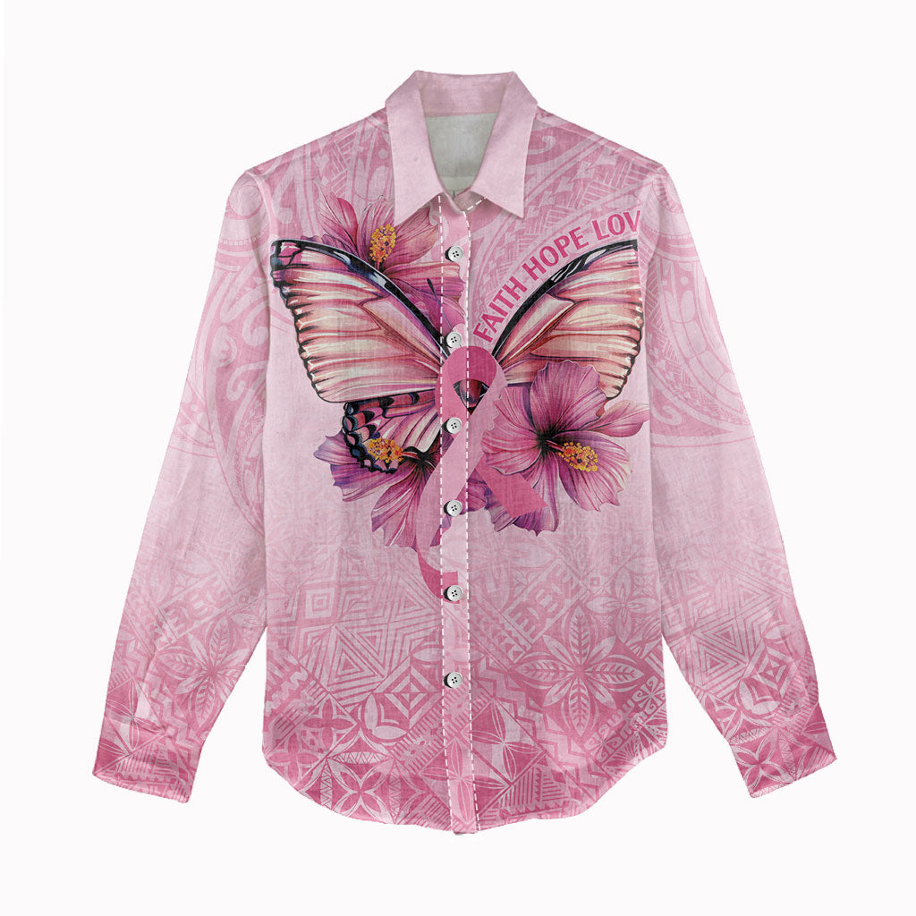 Faith Hope Love Butterfly Pink Ribbon Personalised Women Casual Shirt Polynesian Tribal Pattern