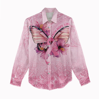 Faith Hope Love Butterfly Pink Ribbon Personalised Women Casual Shirt Polynesian Tribal Pattern
