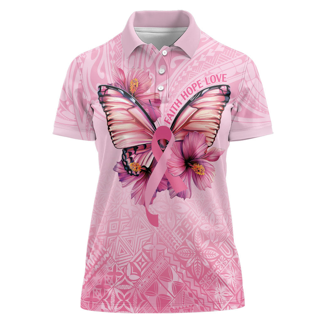 Faith Hope Love Butterfly Pink Ribbon Personalised Women Polo Shirt Polynesian Tribal Pattern