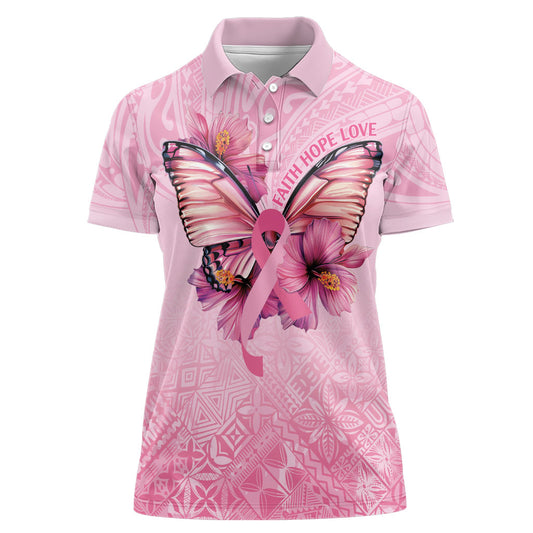 Faith Hope Love Butterfly Pink Ribbon Personalised Women Polo Shirt Polynesian Tribal Pattern
