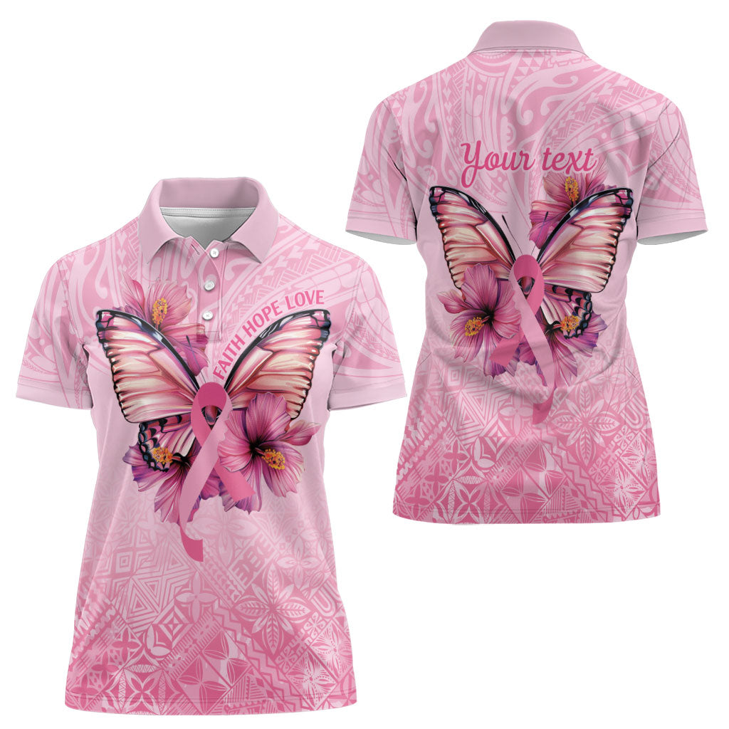 Faith Hope Love Butterfly Pink Ribbon Personalised Women Polo Shirt Polynesian Tribal Pattern
