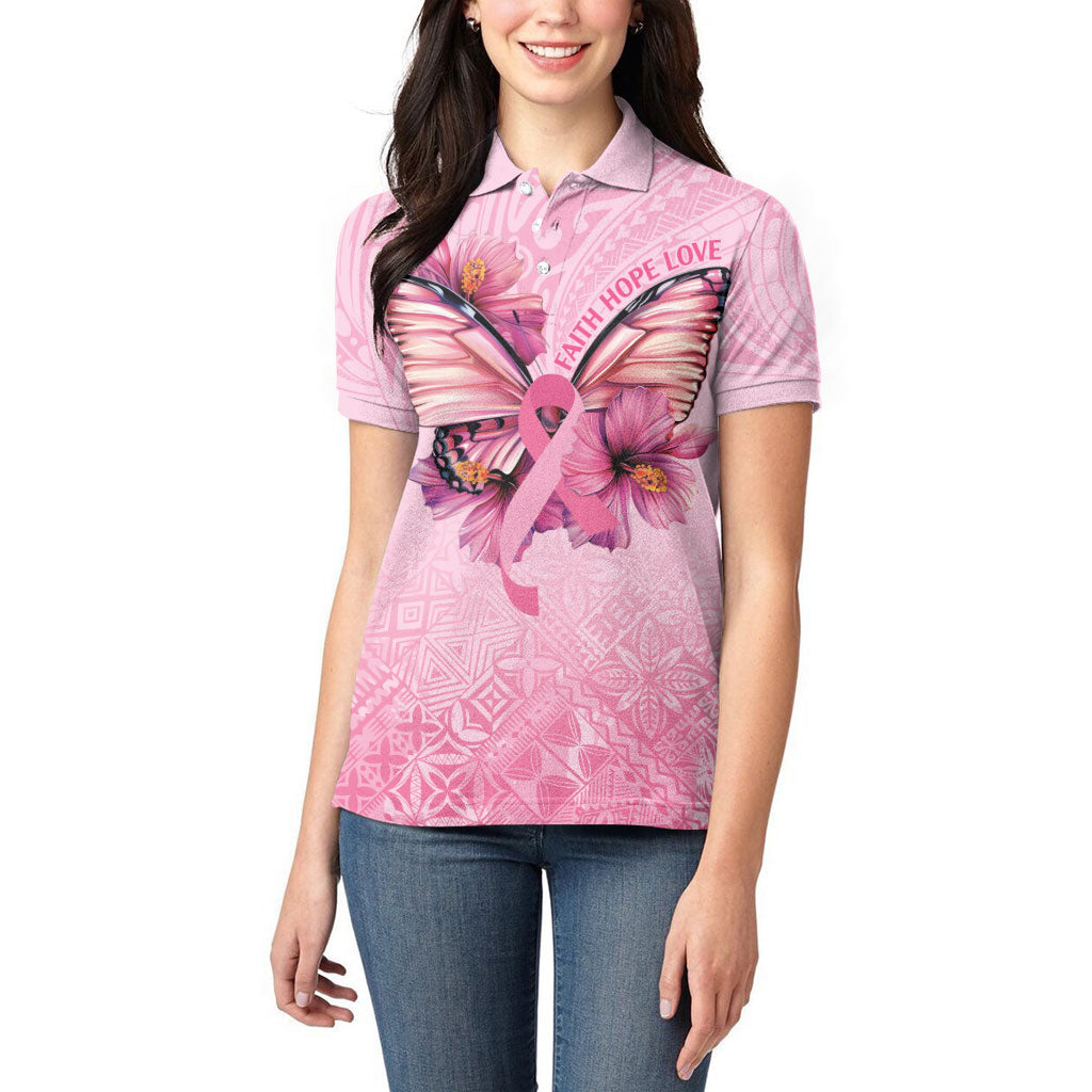 Faith Hope Love Butterfly Pink Ribbon Personalised Women Polo Shirt Polynesian Tribal Pattern