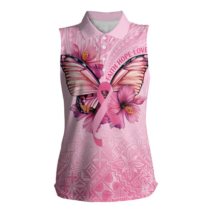 Faith Hope Love Butterfly Pink Ribbon Personalised Women Sleeveless Polo Shirt Polynesian Tribal Pattern