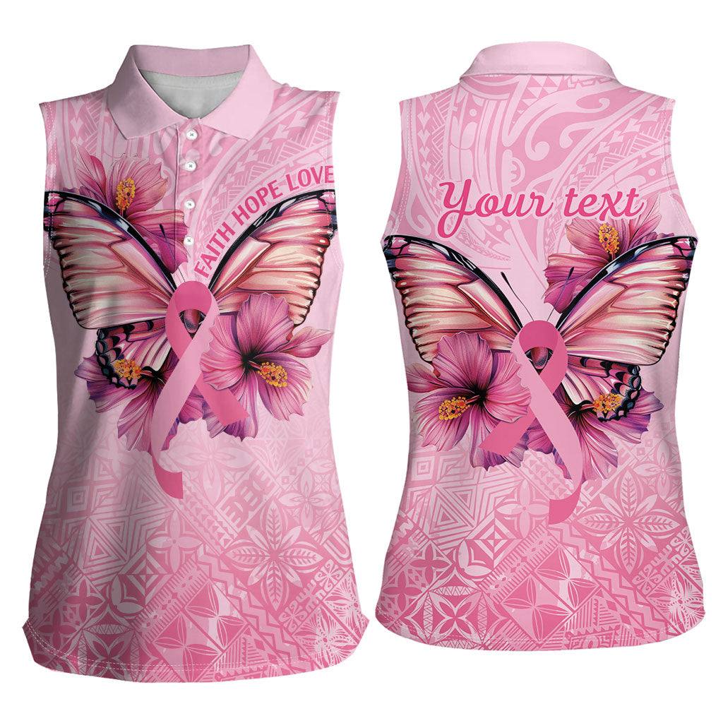 Faith Hope Love Butterfly Pink Ribbon Personalised Women Sleeveless Polo Shirt Polynesian Tribal Pattern