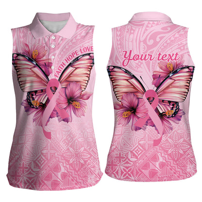 Faith Hope Love Butterfly Pink Ribbon Personalised Women Sleeveless Polo Shirt Polynesian Tribal Pattern