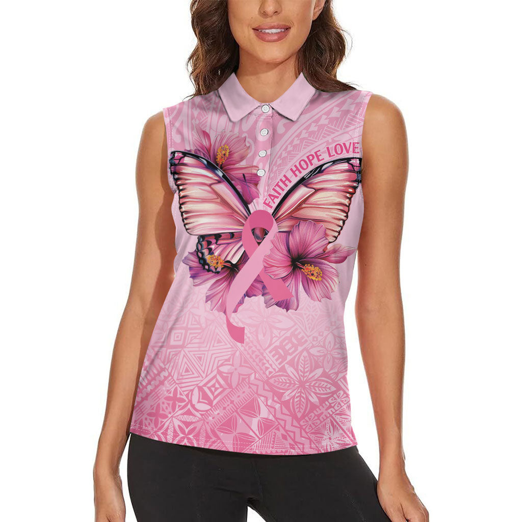 Faith Hope Love Butterfly Pink Ribbon Personalised Women Sleeveless Polo Shirt Polynesian Tribal Pattern