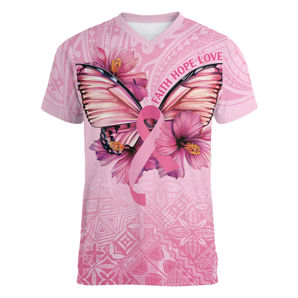 Faith Hope Love Butterfly Pink Ribbon Personalised Women V-Neck T-Shirt Polynesian Tribal Pattern