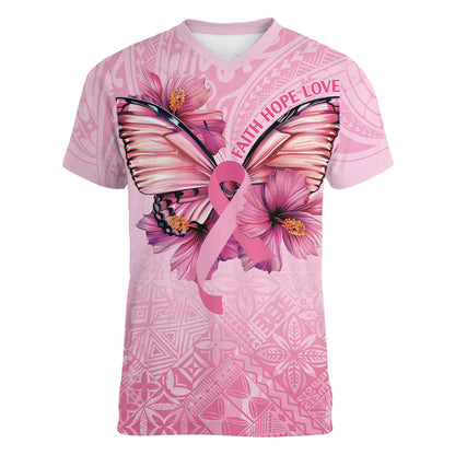 Faith Hope Love Butterfly Pink Ribbon Personalised Women V-Neck T-Shirt Polynesian Tribal Pattern