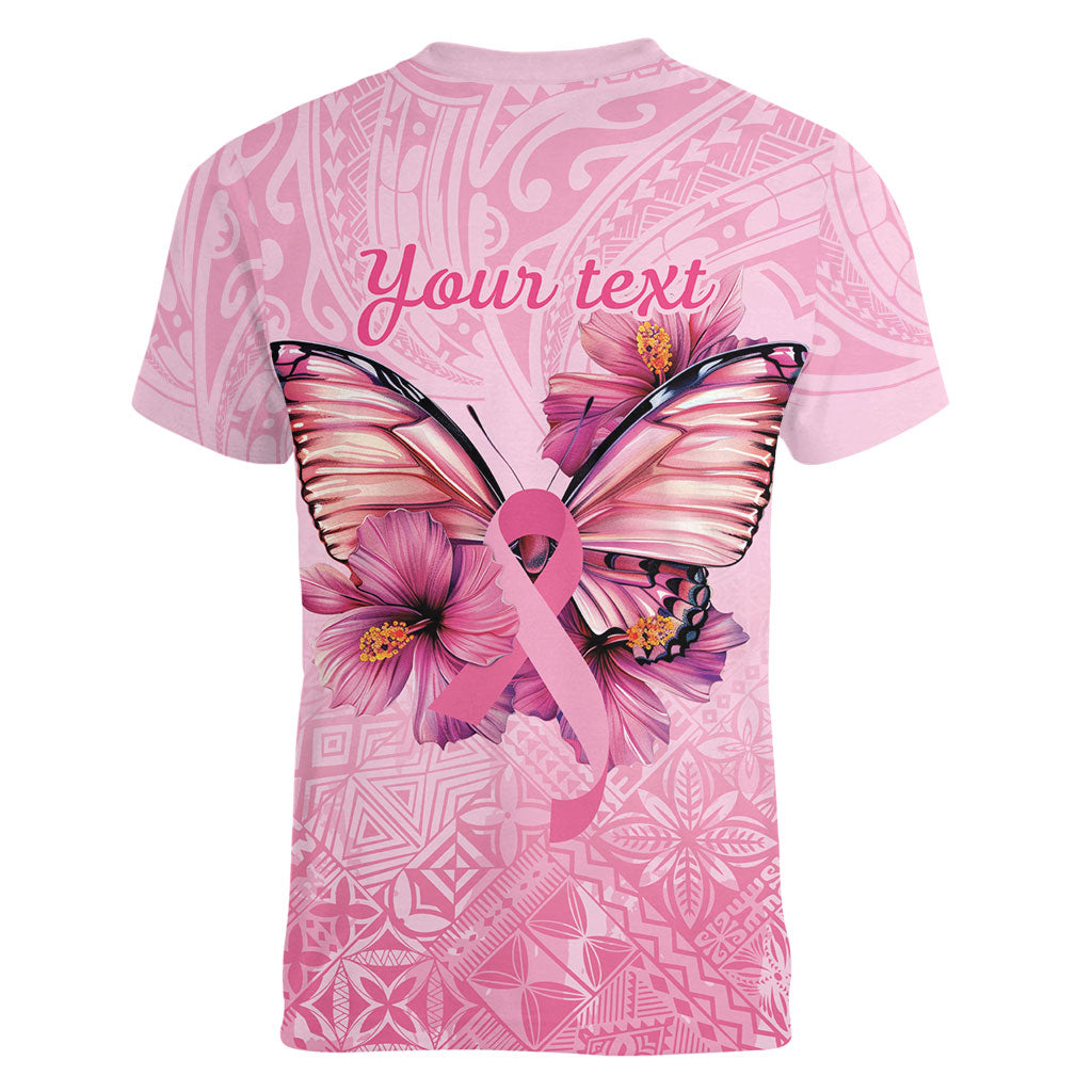 Faith Hope Love Butterfly Pink Ribbon Personalised Women V-Neck T-Shirt Polynesian Tribal Pattern