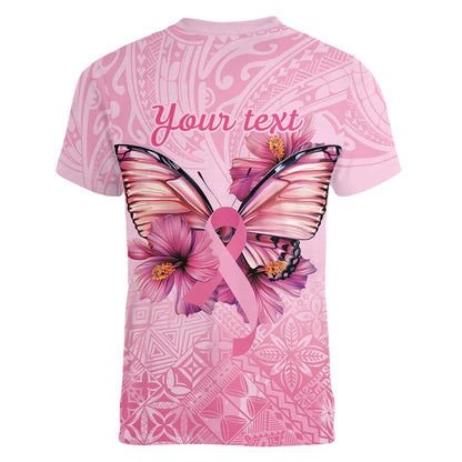 Faith Hope Love Butterfly Pink Ribbon Personalised Women V-Neck T-Shirt Polynesian Tribal Pattern