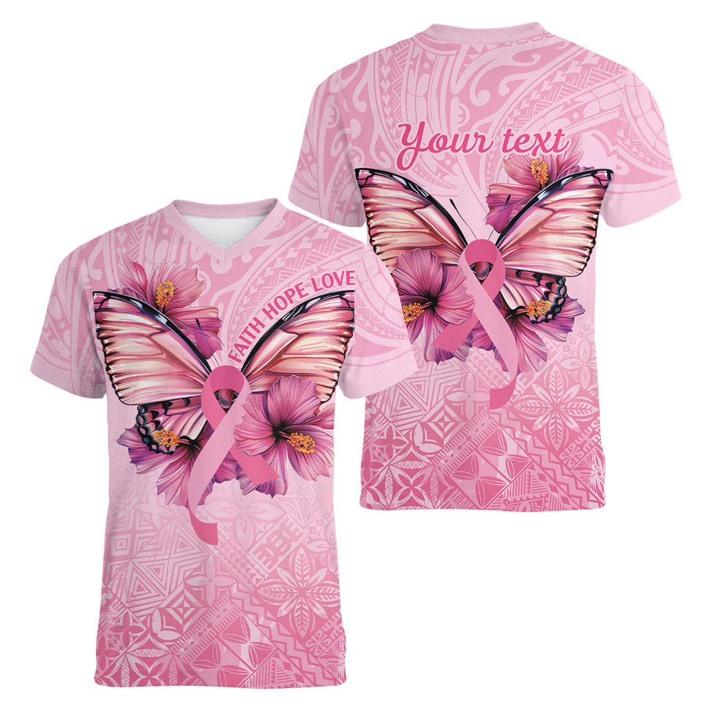 Faith Hope Love Butterfly Pink Ribbon Personalised Women V-Neck T-Shirt Polynesian Tribal Pattern
