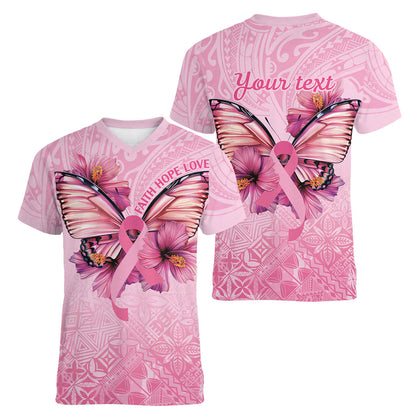 Faith Hope Love Butterfly Pink Ribbon Personalised Women V-Neck T-Shirt Polynesian Tribal Pattern