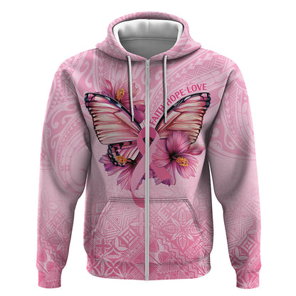 Faith Hope Love Butterfly Pink Ribbon Personalised Zip Hoodie Polynesian Tribal Pattern
