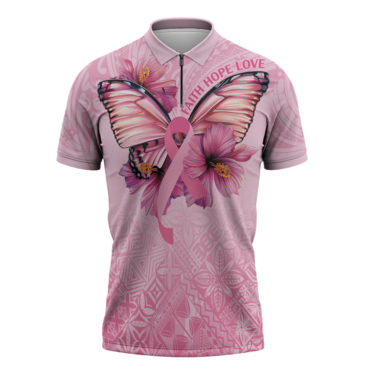 Faith Hope Love Butterfly Pink Ribbon Personalised Zipper Polo Shirt Polynesian Tribal Pattern