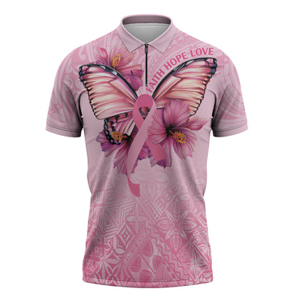 Faith Hope Love Butterfly Pink Ribbon Personalised Zipper Polo Shirt Polynesian Tribal Pattern