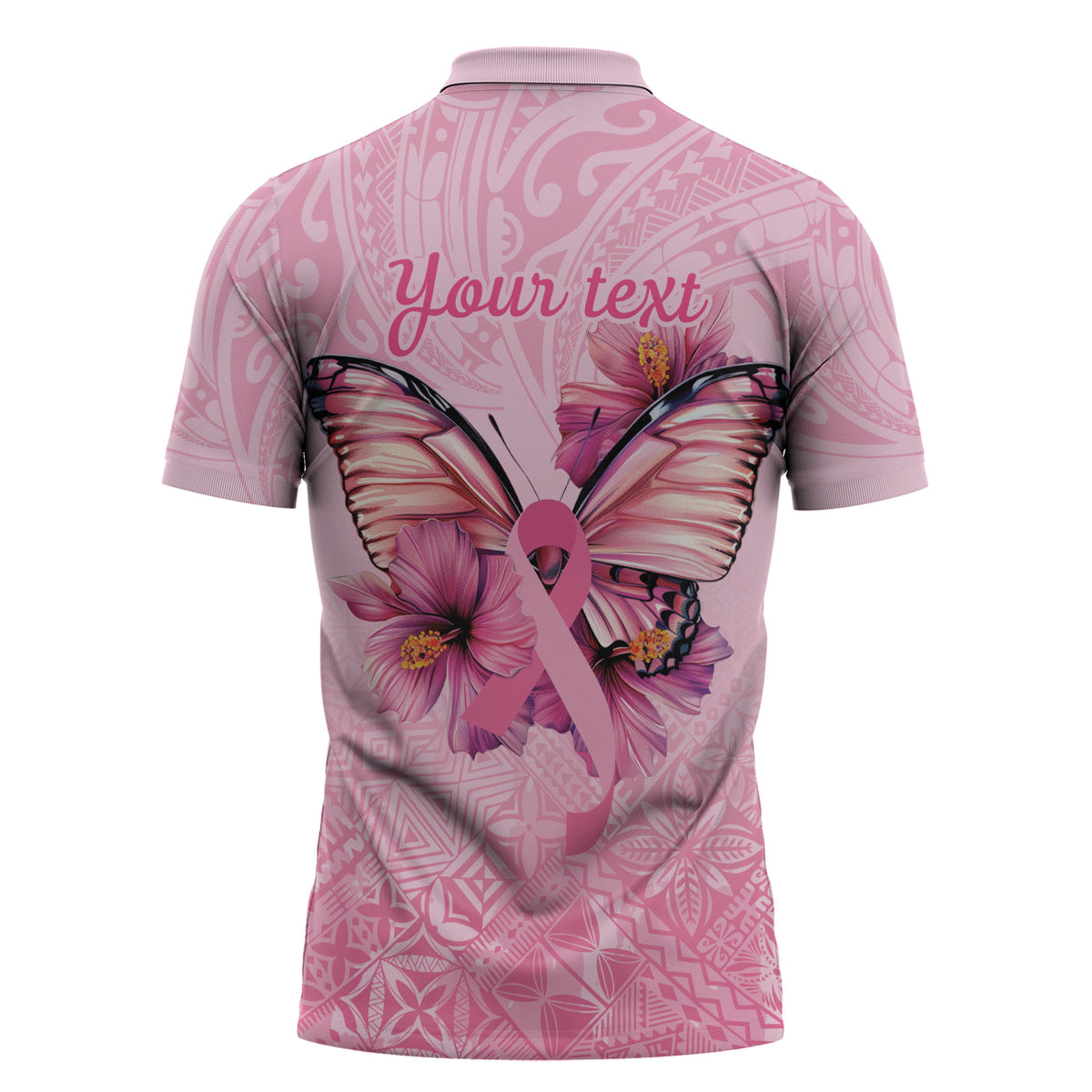 Faith Hope Love Butterfly Pink Ribbon Personalised Zipper Polo Shirt Polynesian Tribal Pattern