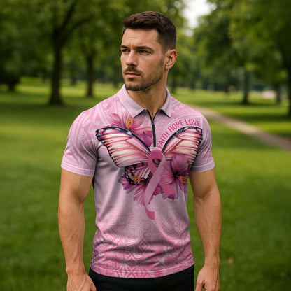 Faith Hope Love Butterfly Pink Ribbon Personalised Zipper Polo Shirt Polynesian Tribal Pattern