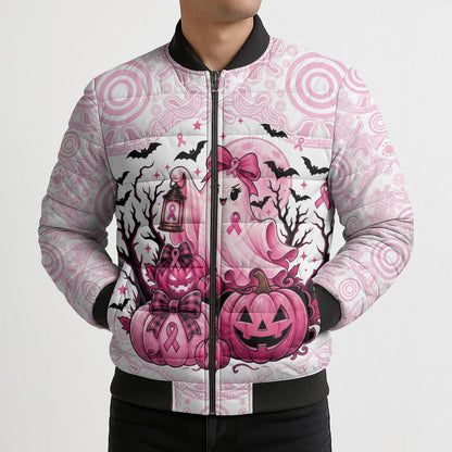 Aboriginal Pink Ghost Pumpkin Bomber Puffer Jacket Aboriginal Halloween Wear Pink