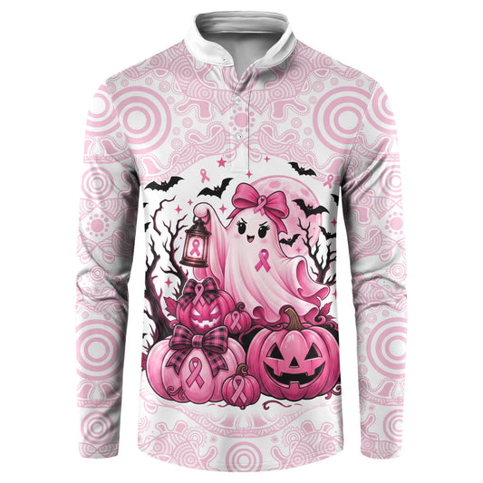Aboriginal Pink Ghost Pumpkin Button Sweatshirt Aboriginal Halloween Wear Pink