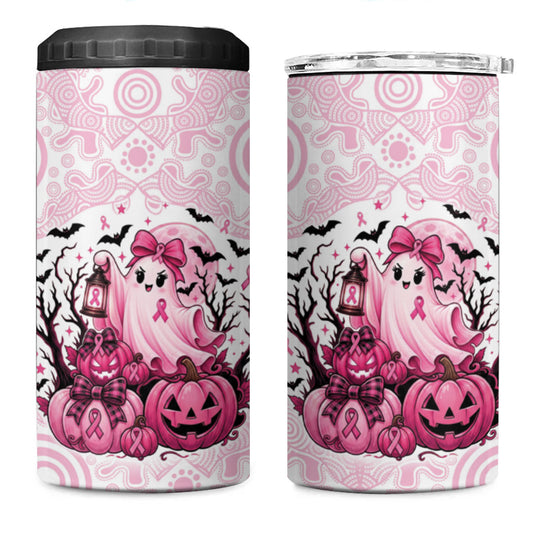 Aboriginal Pink Ghost Pumpkin 4 in 1 Can Cooler Tumbler Aboriginal Halloween Wear Pink