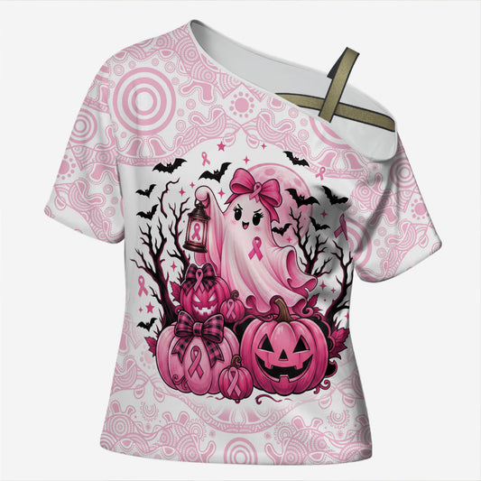 Aboriginal Pink Ghost Pumpkin Cross Shoulder Shirt Aboriginal Halloween Wear Pink