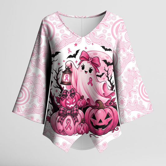 Aboriginal Pink Ghost Pumpkin Kimono Sleeve Blouse Aboriginal Halloween Wear Pink