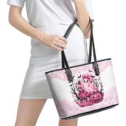 Aboriginal Pink Ghost Pumpkin Leather Tote Bag Aboriginal Halloween Wear Pink