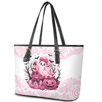 Aboriginal Pink Ghost Pumpkin Leather Tote Bag Aboriginal Halloween Wear Pink