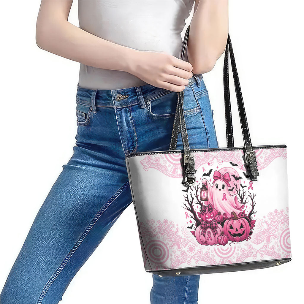 Aboriginal Pink Ghost Pumpkin Leather Tote Bag Aboriginal Halloween Wear Pink