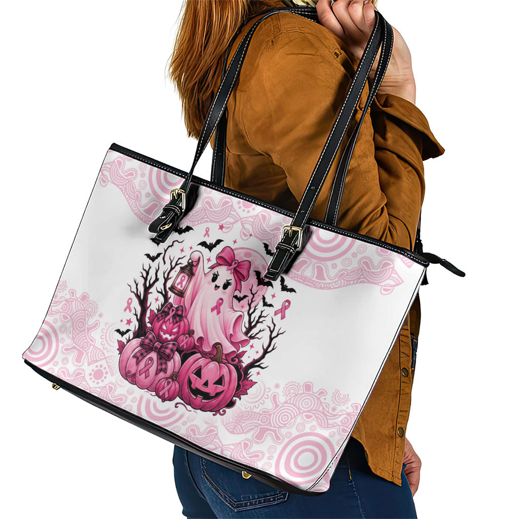 Aboriginal Pink Ghost Pumpkin Leather Tote Bag Aboriginal Halloween Wear Pink