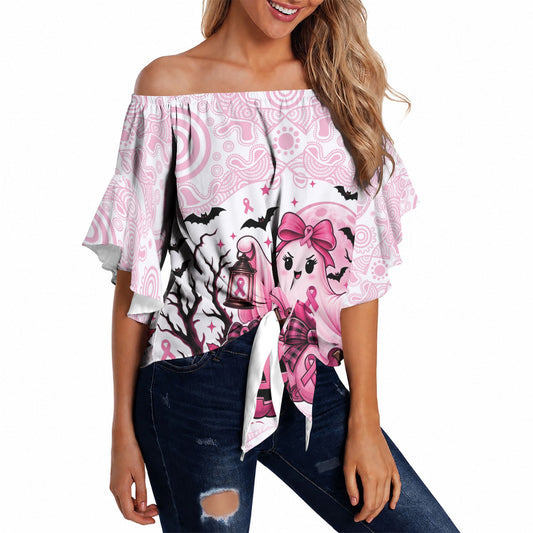 Aboriginal Pink Ghost Pumpkin Off Shoulder Wrap Waist Top Aboriginal Halloween Wear Pink