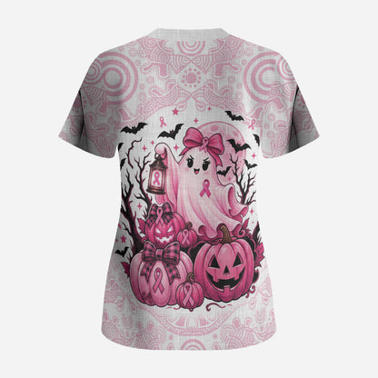 Aboriginal Pink Ghost Pumpkin Scrub Top Aboriginal Halloween Wear Pink
