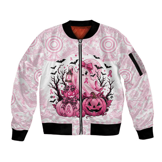 Aboriginal Pink Ghost Pumpkin Sleeve Zip Bomber Jacket Aboriginal Halloween Wear Pink
