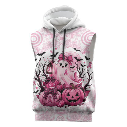 Aboriginal Pink Ghost Pumpkin Sleeveless Hoodie Aboriginal Halloween Wear Pink