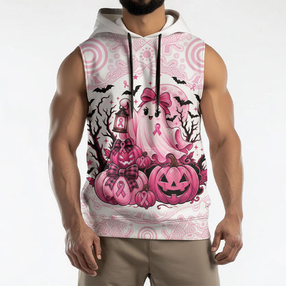 Aboriginal Pink Ghost Pumpkin Sleeveless Hoodie Aboriginal Halloween Wear Pink