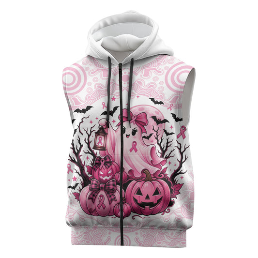 Aboriginal Pink Ghost Pumpkin Sleeveless Zip Hoodie Aboriginal Halloween Wear Pink
