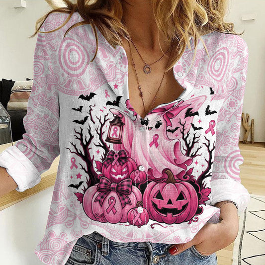 Aboriginal Pink Ghost Pumpkin Women Casual Shirt Aboriginal Halloween Wear Pink